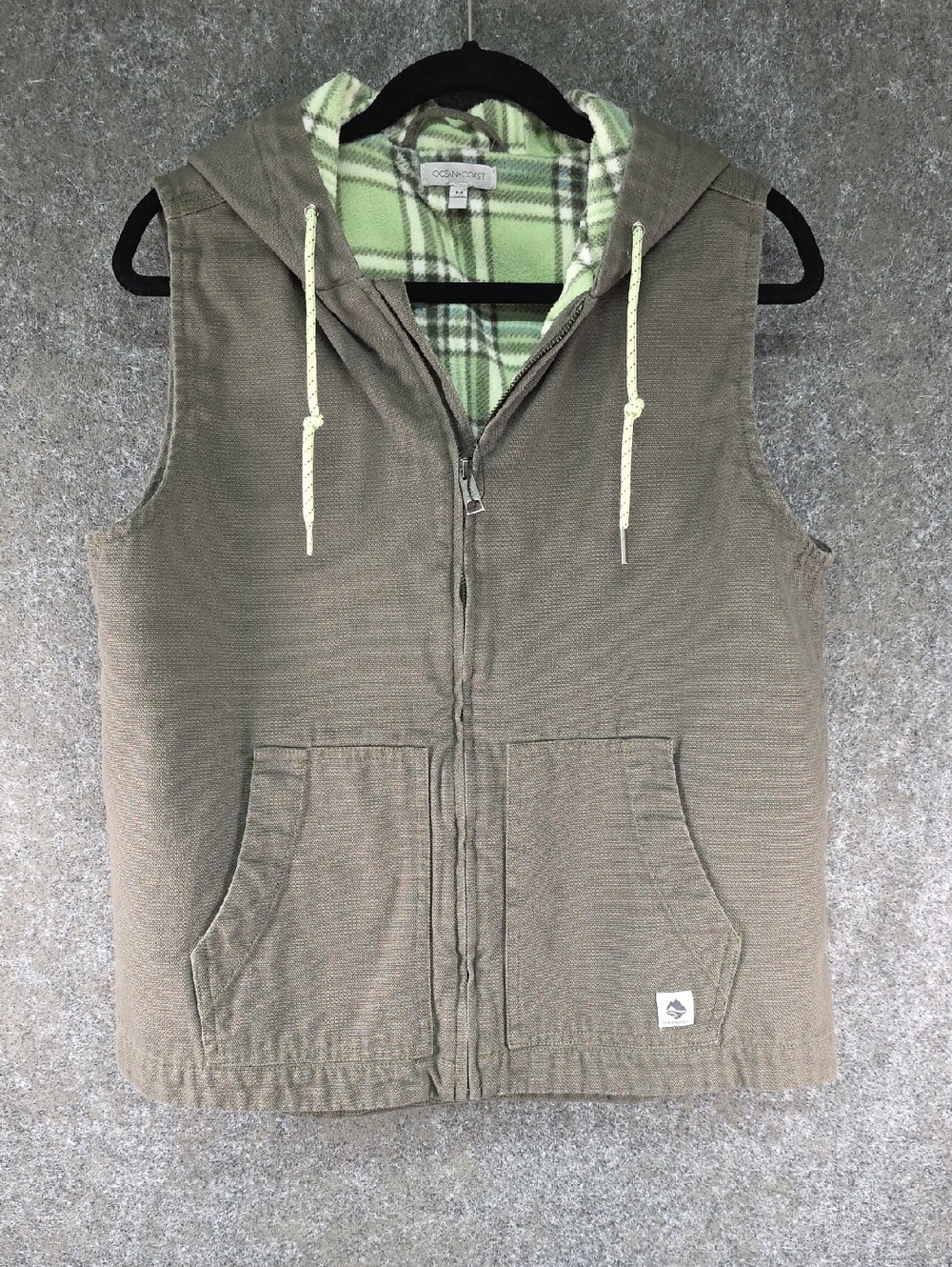 Ocean Coast Canvas Hooded Vest, Fleece Lined, Zip Up, Olive Green, Size Medium